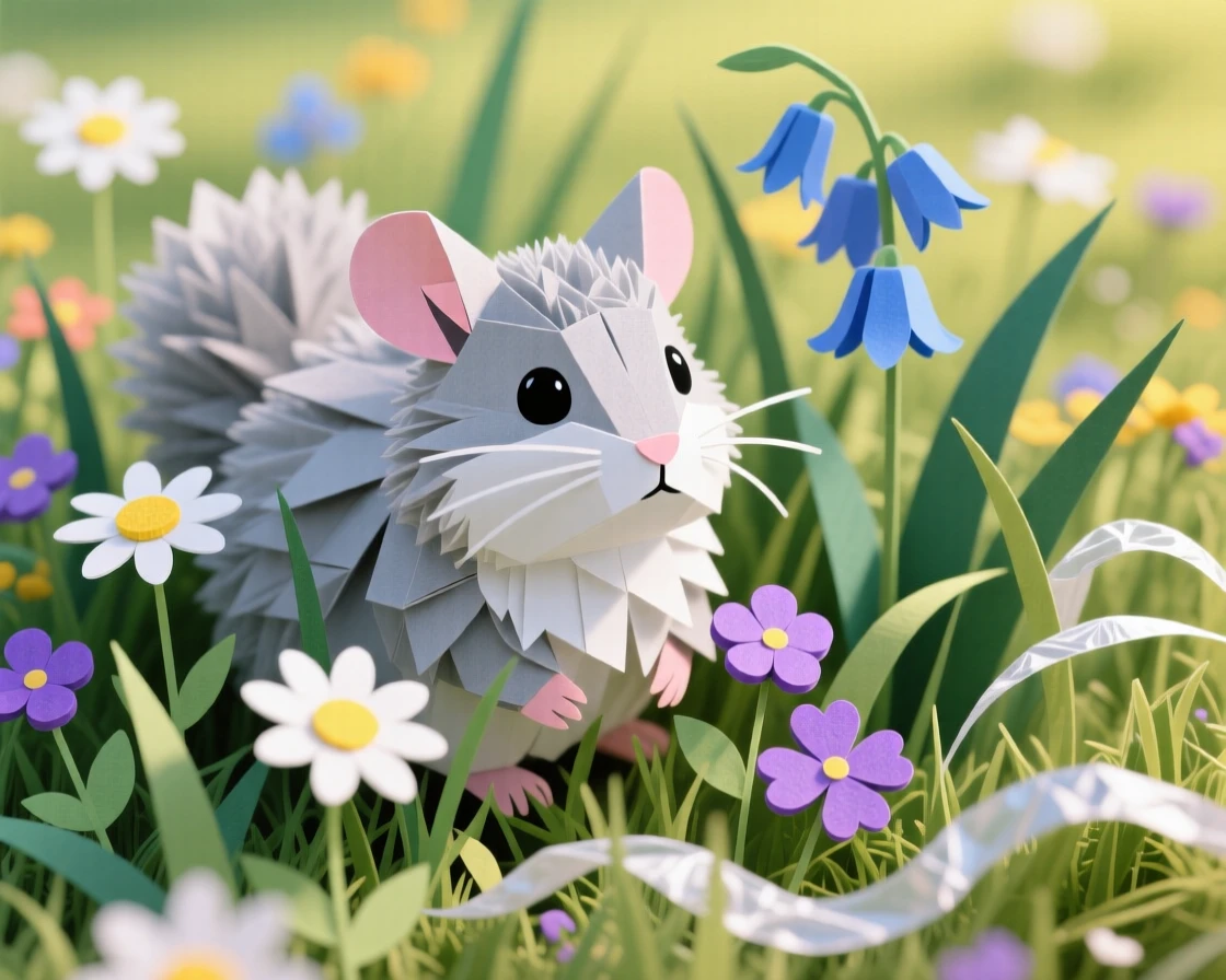 A fluffy chinchilla nestled among blooming wildflowers, with a gentle breeze rustling the grass, conveying quiet dignity and grace.