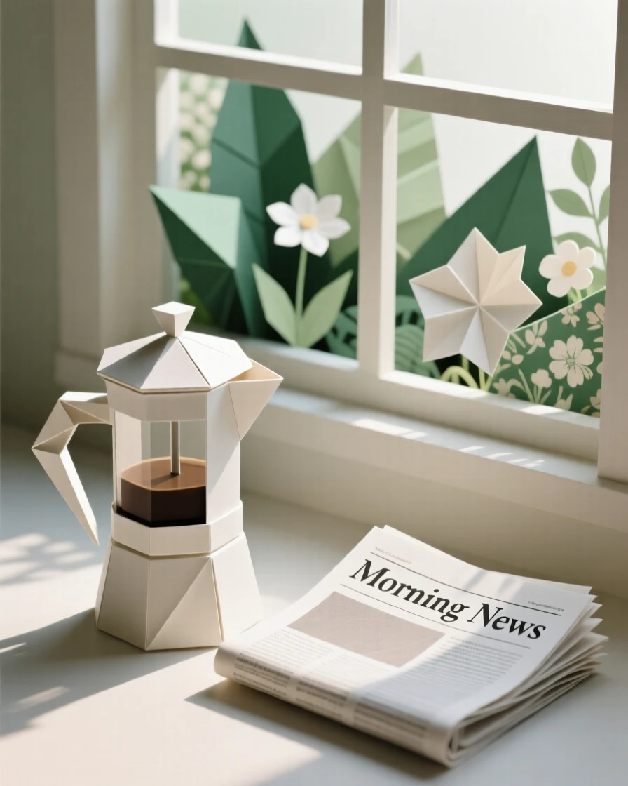 A morning coffee ritual scene with a French press, a folded newspaper, and a view of a garden.