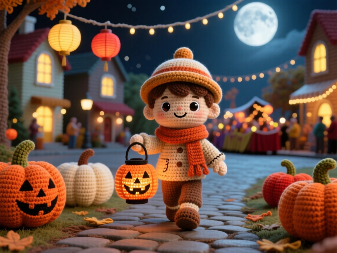 A festive scene of a small boy carrying a jack-o-lantern lantern on a moonlit autumn path, walking through a row of pumpkins within a cheerful town square decorated for a parade; a cluster of paper lanterns swaying gently nearby, radiating cozy holiday warmth and togetherness.
