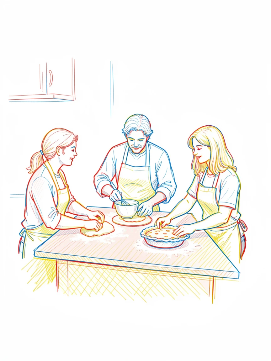 A family baking a pie together, flour covering the kitchen counter