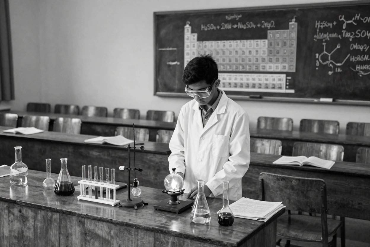A student conducts an experiment in a chemistry lab in a university lecture hall.