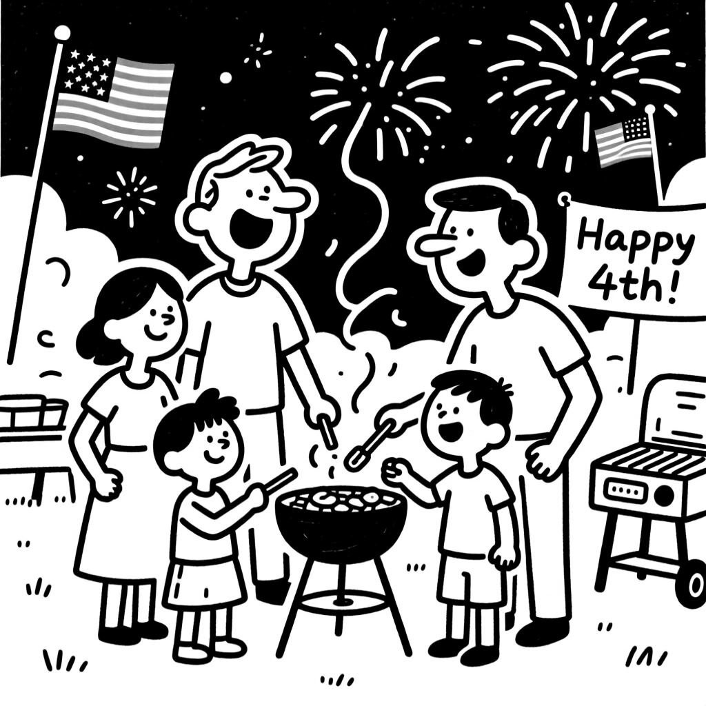A Fourth of July barbecue with family, flags, and fireworks lighting up the evening.
