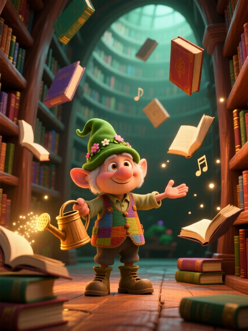 A tiny gnome gardener stands in a hidden library filled with floating books, guiding lost travelers with a soft glow. A magical, wondrous stillness fills the scene, with faint music seeming to drift on the breeze.