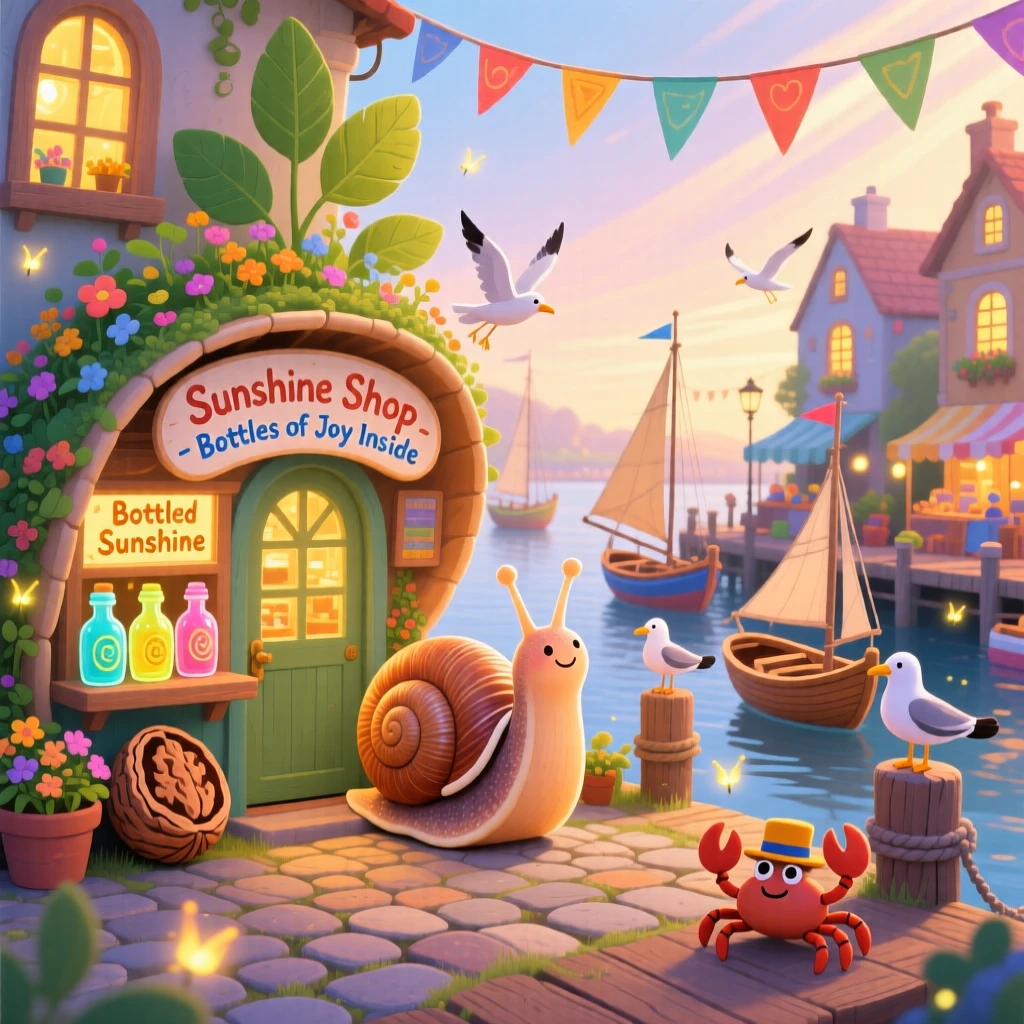 A snail carrying its own garden delights in keeping a shop that sells bottled sunshine, tucked within a bustling harbor for walnut-shell boats, while a warm glow radiates from every window.