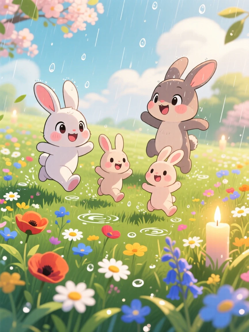 A family of rabbits hopping through a meadow of wildflowers, framed as a three-quarter view within a sunlit spring meadow, during a gentle spring rain shower, glowing under gentle candlelight, evoking giggling amusement.