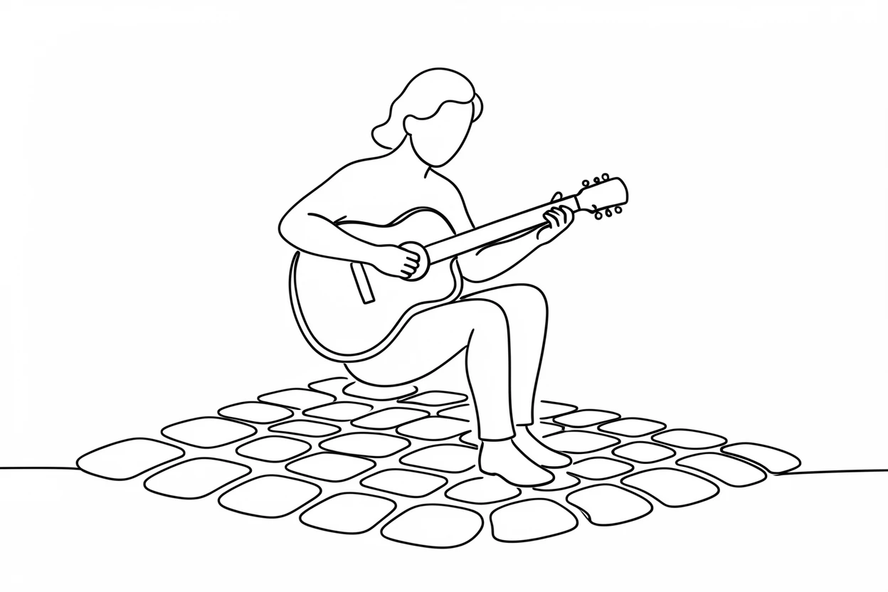 A quiet cobblestone square with a lone busker playing guitar