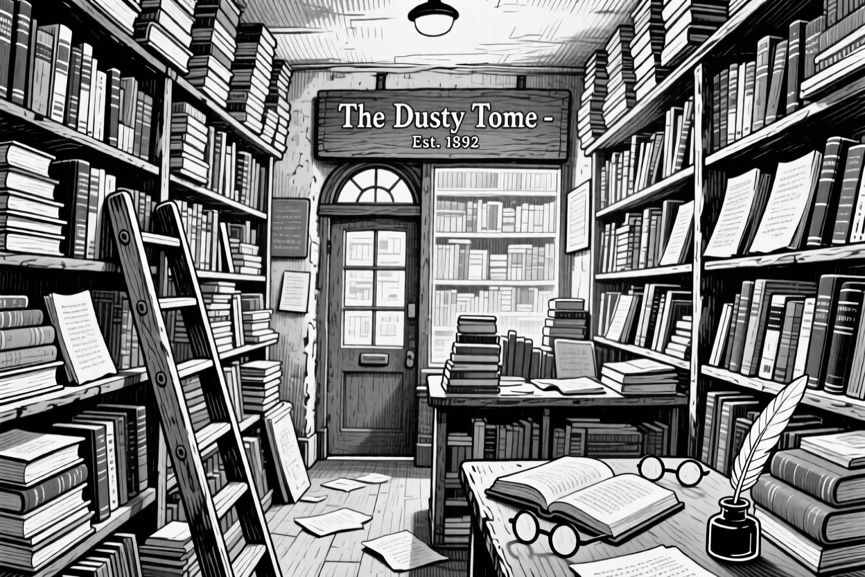 An old bookstore with narrow aisles and stacks of books reaching the ceiling.