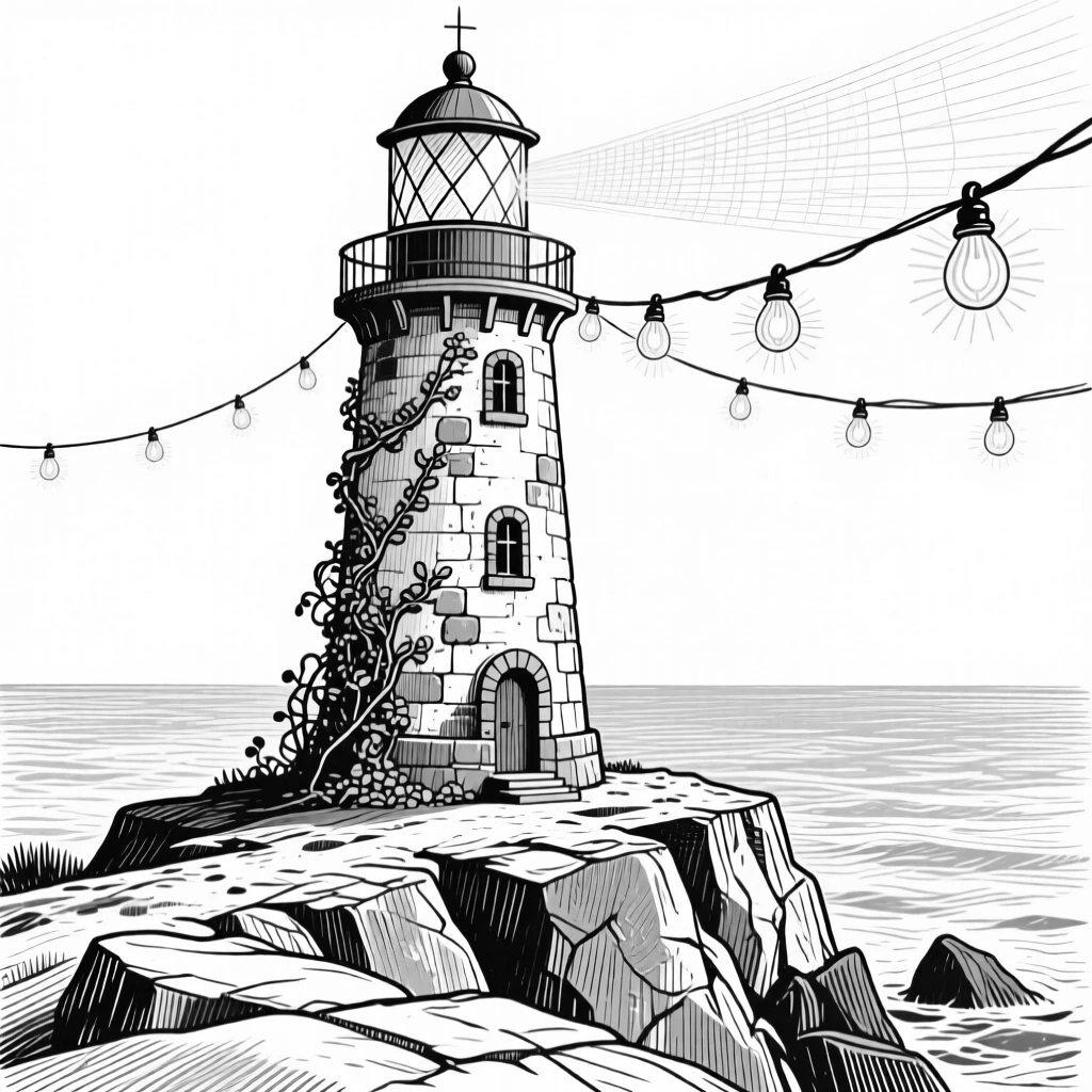 An old lighthouse on a rocky point beneath strings of hanging lights, featuring climbing vines softening the stonework, rendered in a quietly charming architectural composition.