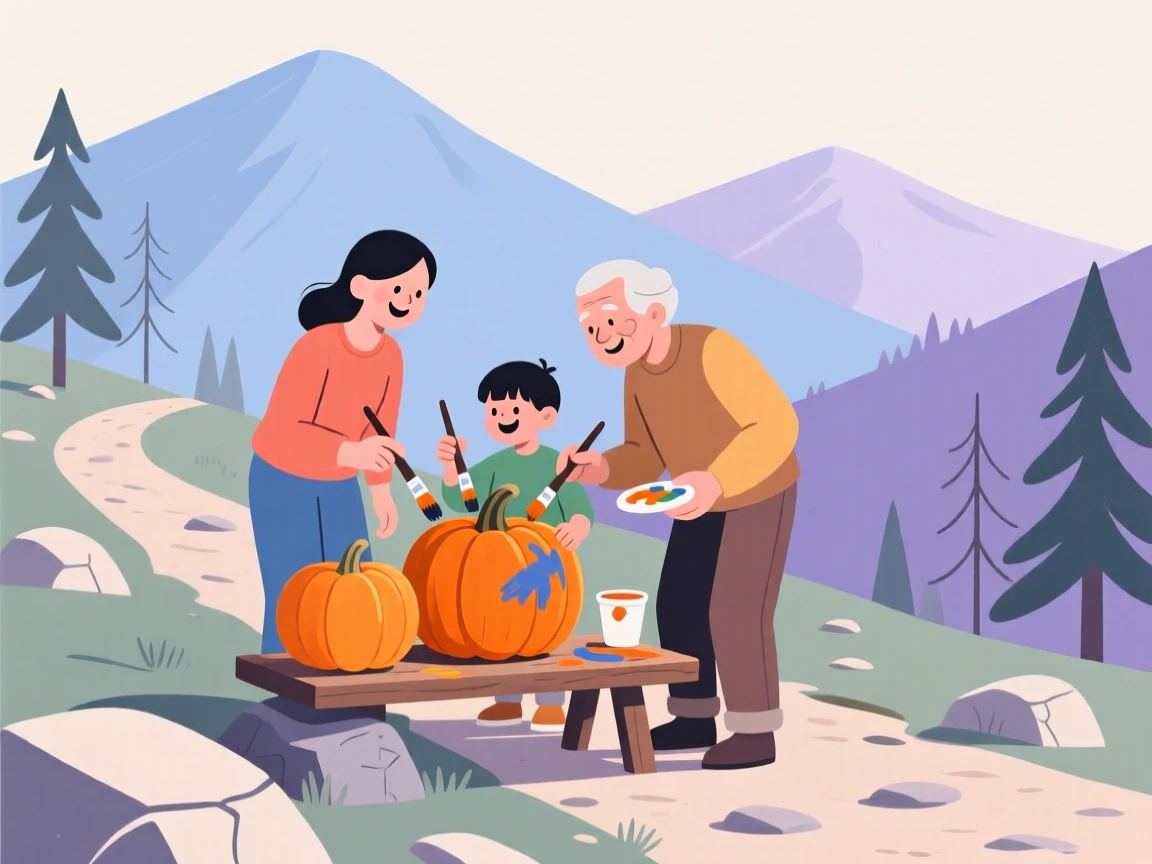 A family painting pumpkins together on a mountain trail.
