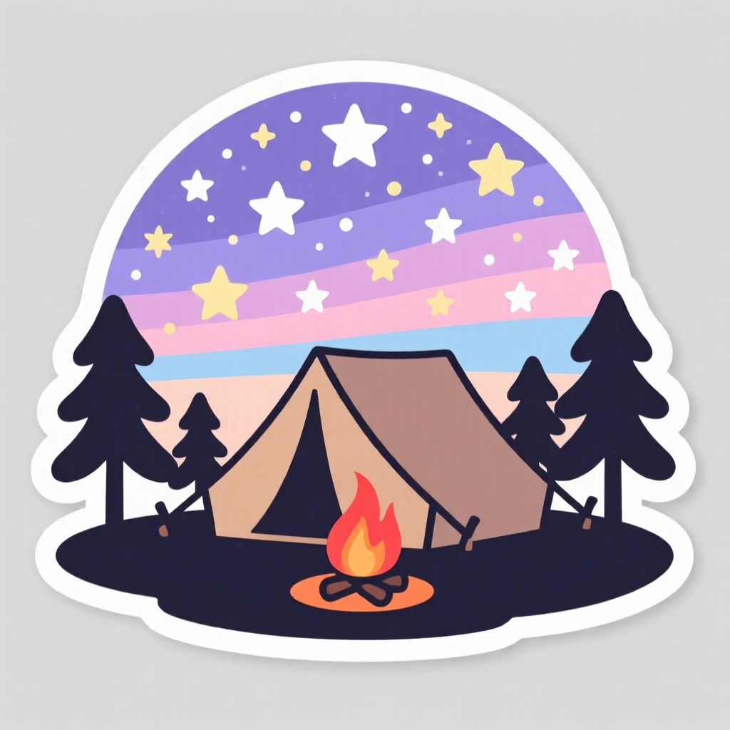 A serene starry night sky over a campsite, under a sky painted in pastel colors, untouched and wonderfully quiet.