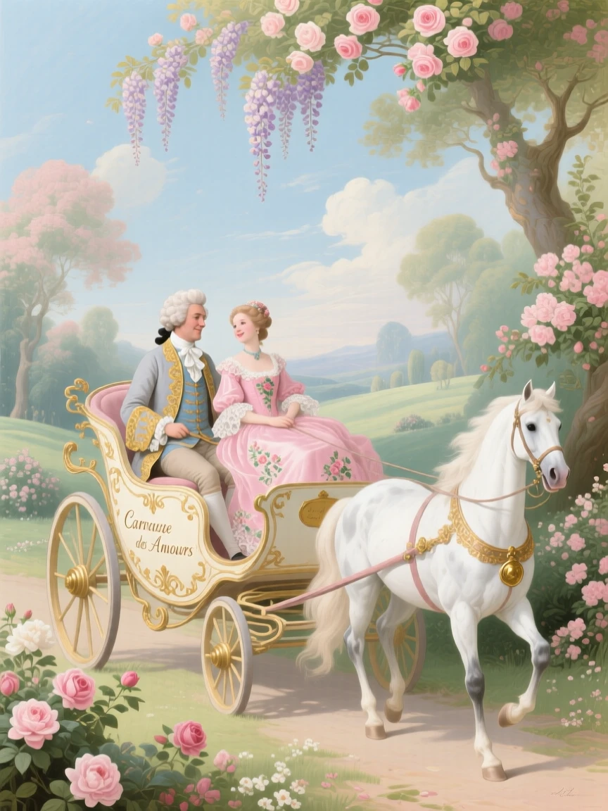 A noble couple riding in a carriage through a flowering countryside  