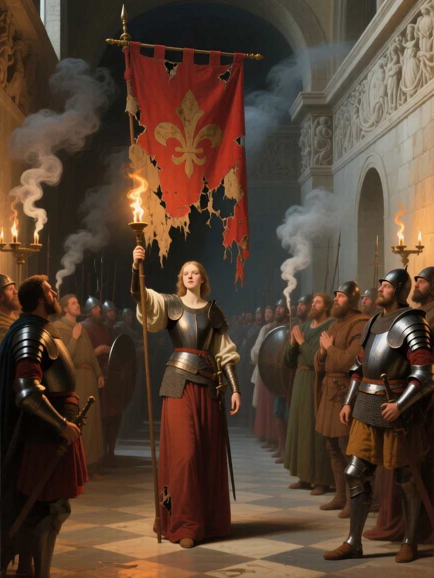 Joan of Arc rallying her soldiers beneath a tattered banner at the height of a decisive and unforgettable moment, set within a torch-lit palace hall of gleaming stone, as smoke from ceremonial braziers curls upward past carved friezes; the composition centers the hero in a pyramid of surrounding figures, evoking awe, destiny, and the weight of history.