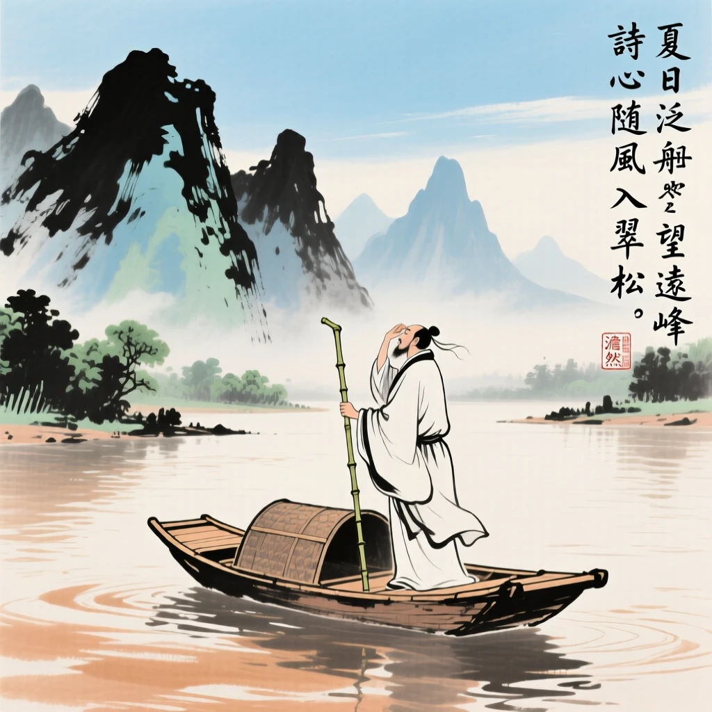 A poet standing at the prow of a small boat gazing at distant peaks, in the height of summer, conveying a deep sense of harmony with nature.