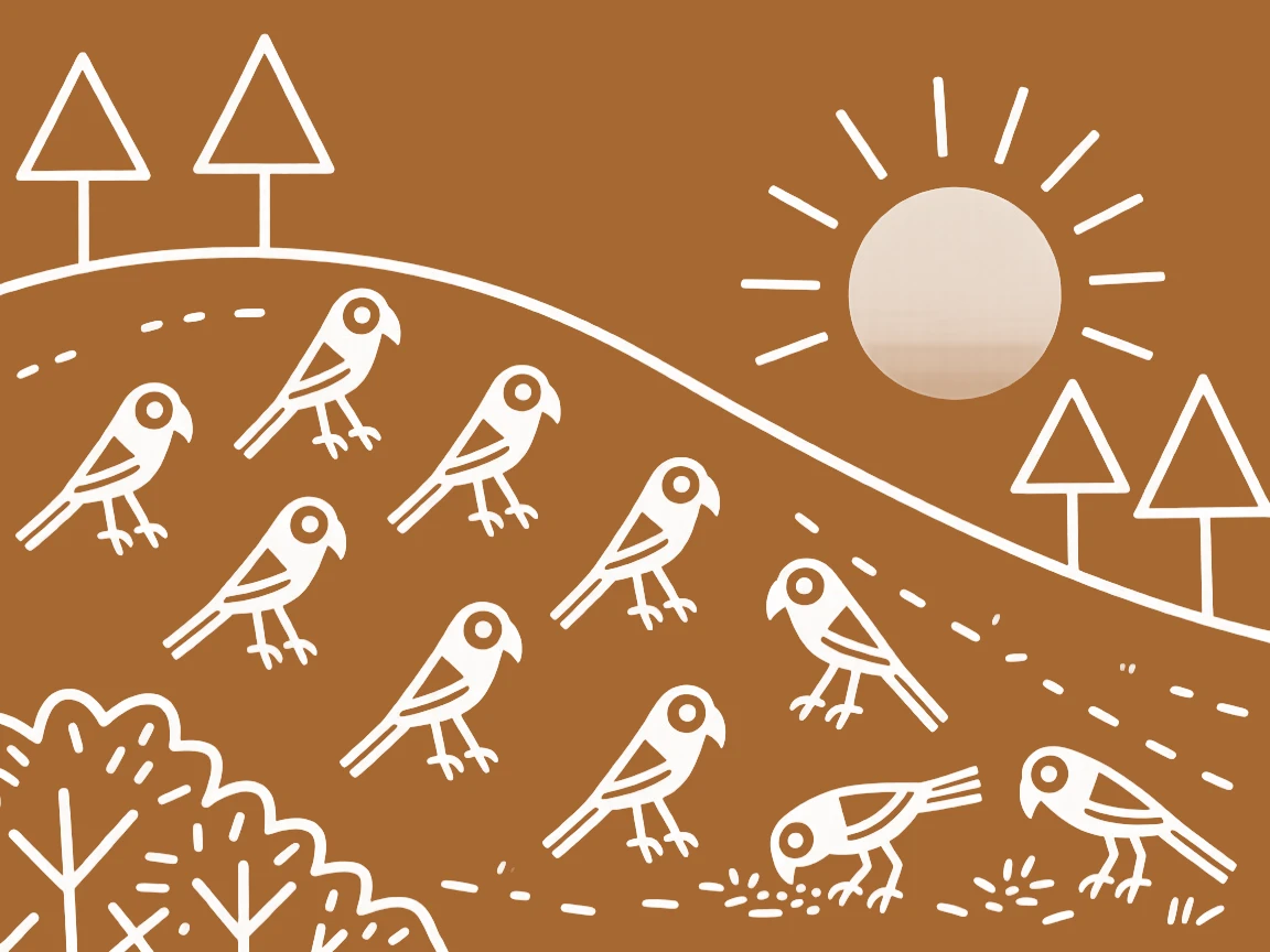 A flock of parrots grazing on a hillside at sunset.