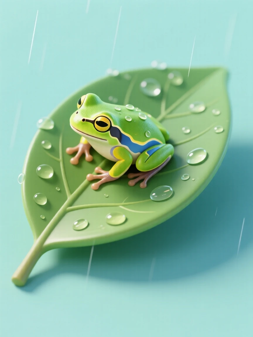 A curious tree frog clinging to a broad leaf after rain, droplets glistening on its vibrant green skin.