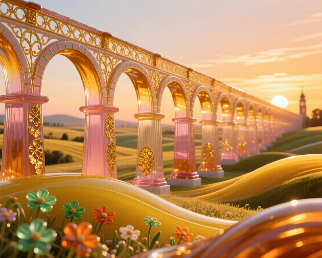 An ancient aqueduct stretching across a golden countryside at sunset, timeless and grand.