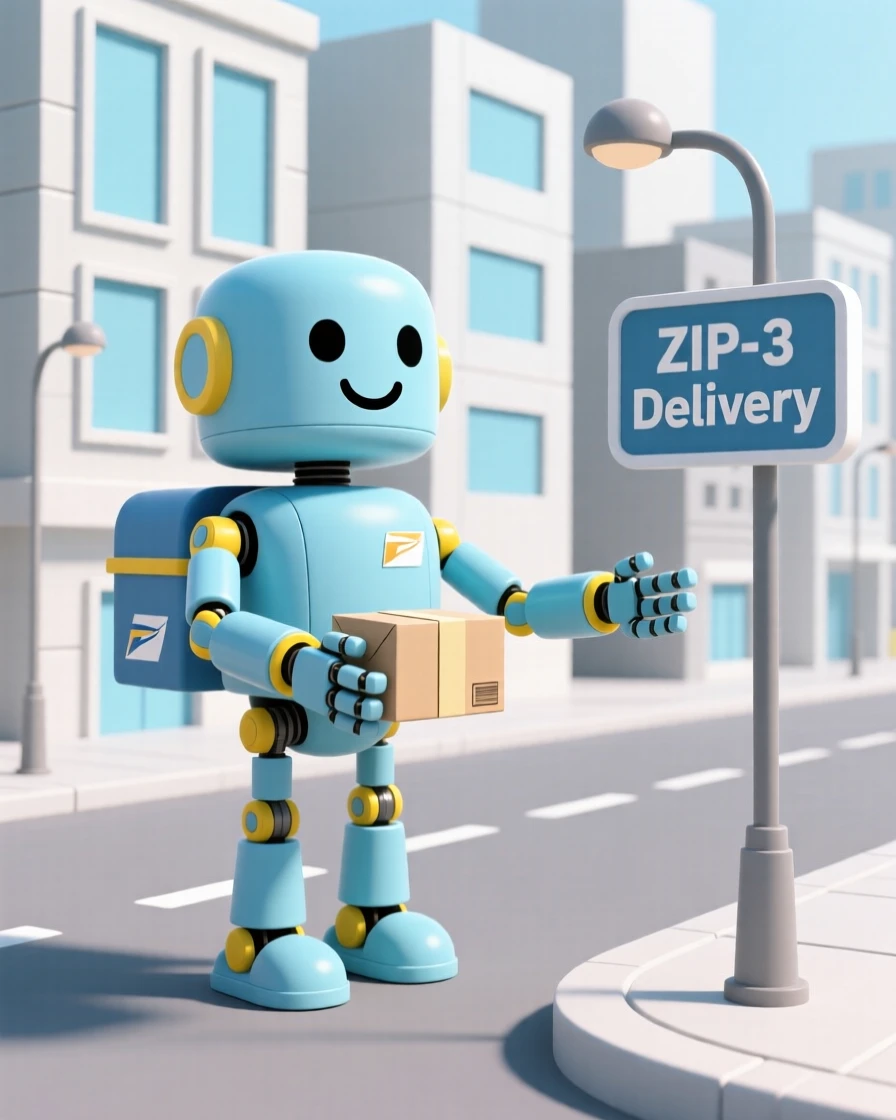 A cheerful robot postal carrier zooms through futuristic city streets delivering packages with mechanical arms extended.