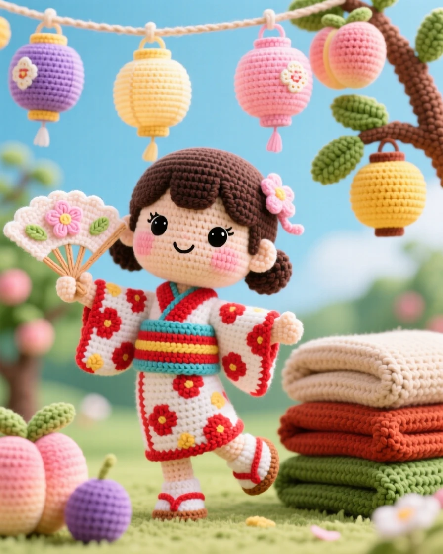 a little girl with a paper fan, celebrating a summer festival, is shown dancing beneath strings of paper lanterns in a quiet orchard heavy with ripening fruit beside a stack of warm blankets, capturing bright cheerful energy of a special day.