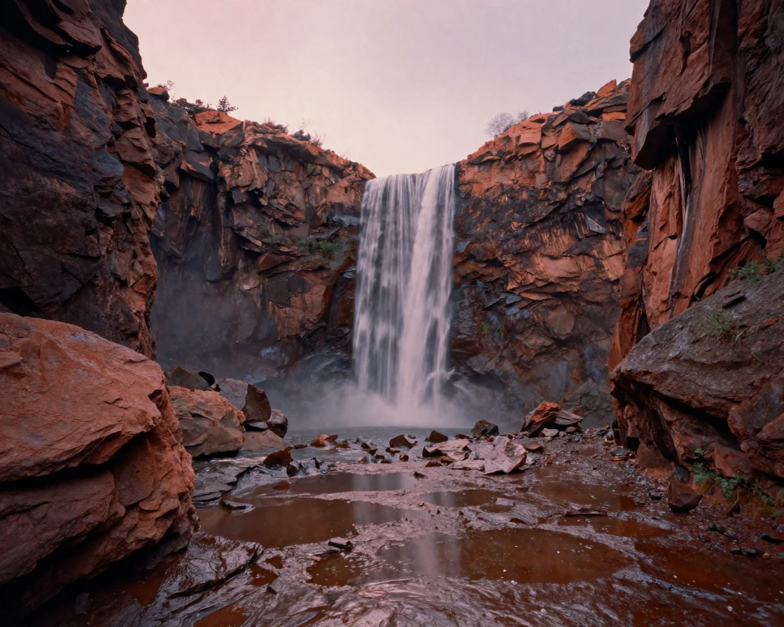 A waterfall cascading down a sheer mountain rock face, in the pale light just before sunrise, just after a rain shower, with puddles reflecting the sky, in the height of summer, in earthy terracotta and ochre shades, framed symmetrically down a long corridor.