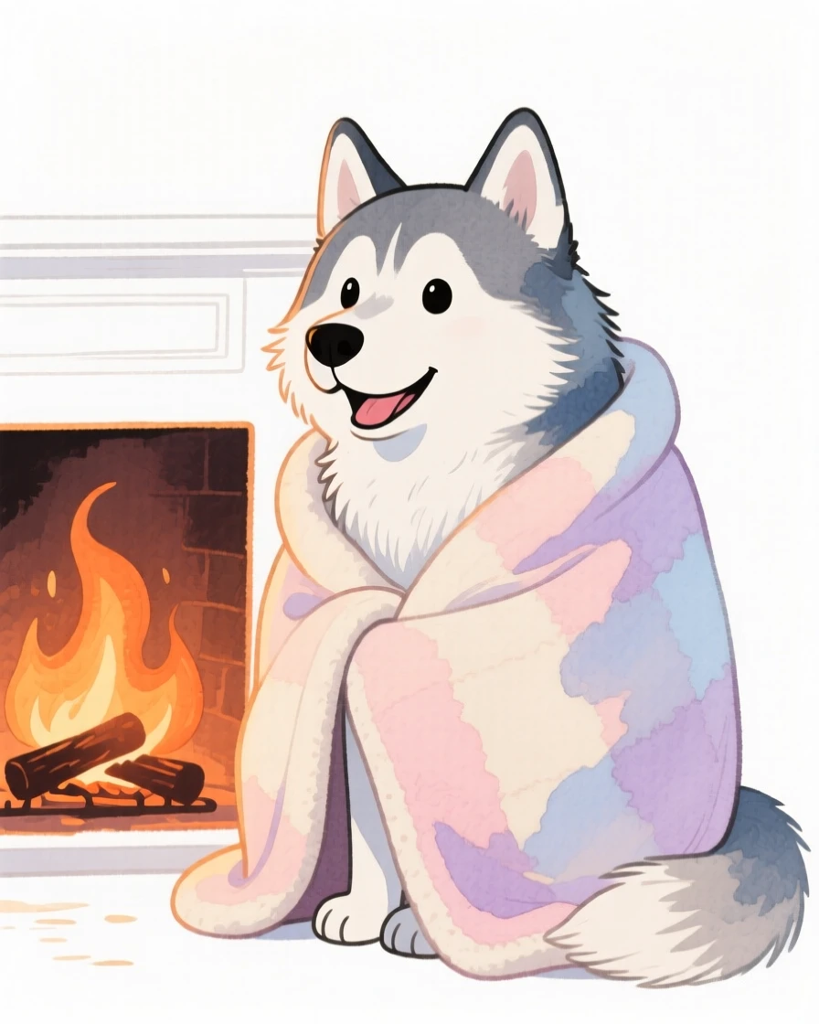 A majestic husky wrapped in a soft blanket by a fireplace