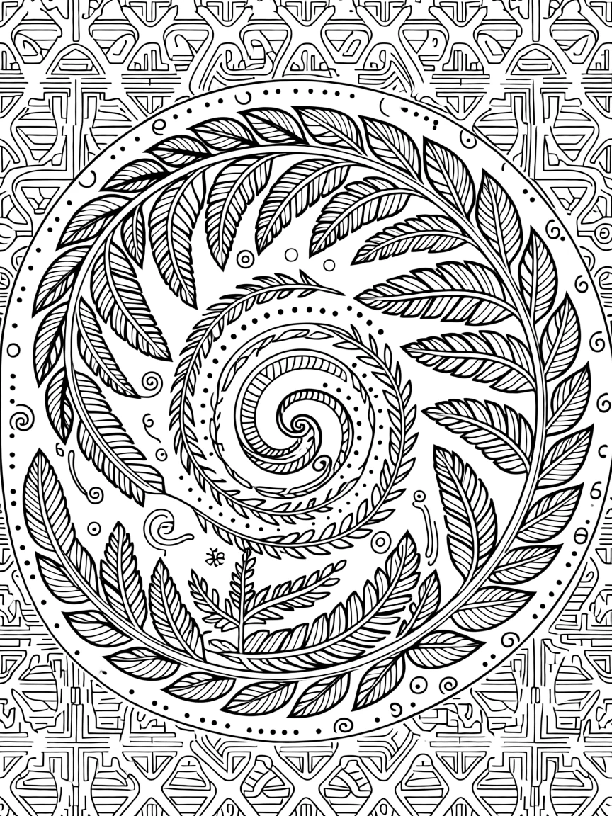 A mandala built from a spiral of unfurling fern fronds.