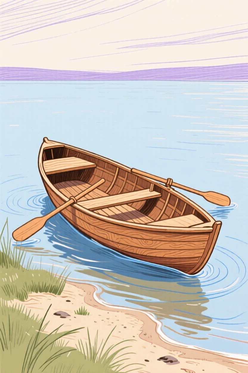 A wooden rowboat resting on the shore of a quiet lake.