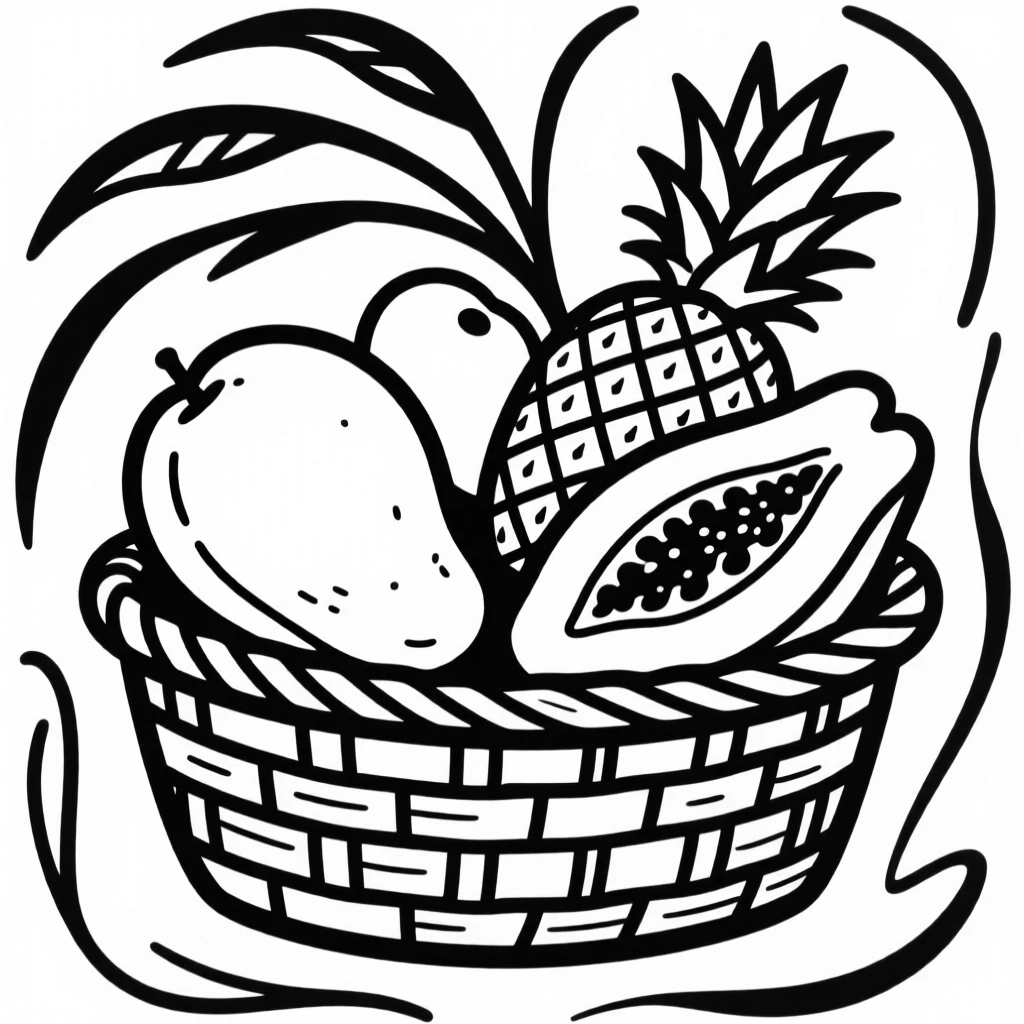 A basket of ripe tropical fruits including mango, pineapple, and papaya.