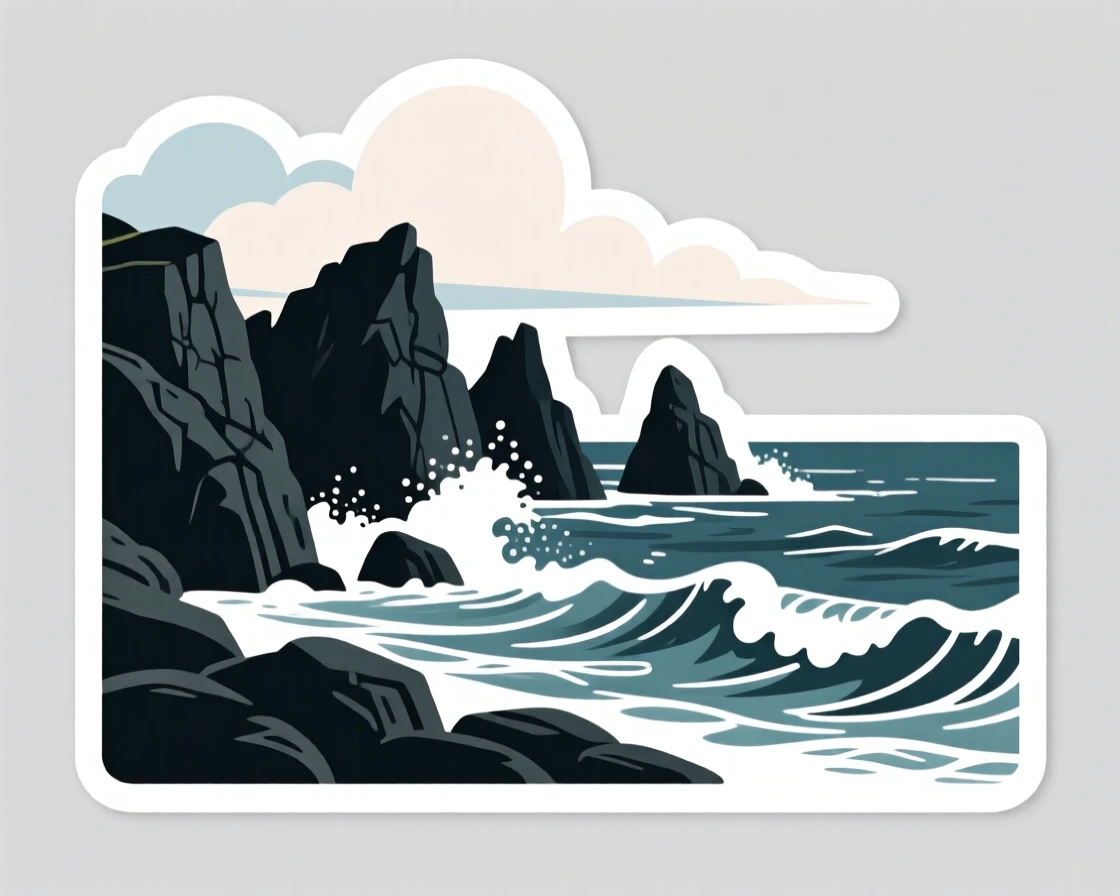 A breathtaking rocky coastline with crashing waves, with soft clouds drifting overhead, untouched and wonderfully quiet.