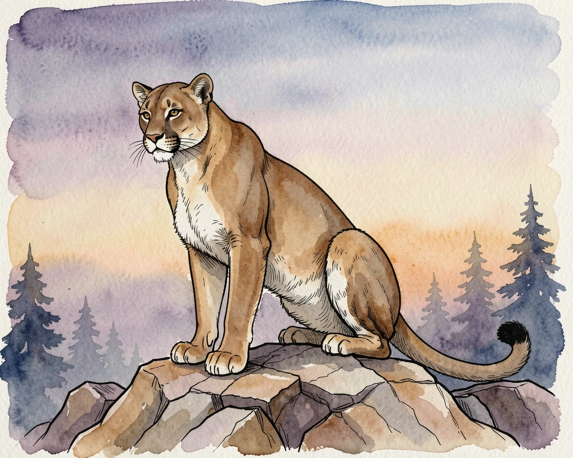 A mountain lion perched watchfully on a rocky outcrop at dusk, a stillness in the air broken only by distant birdsong.