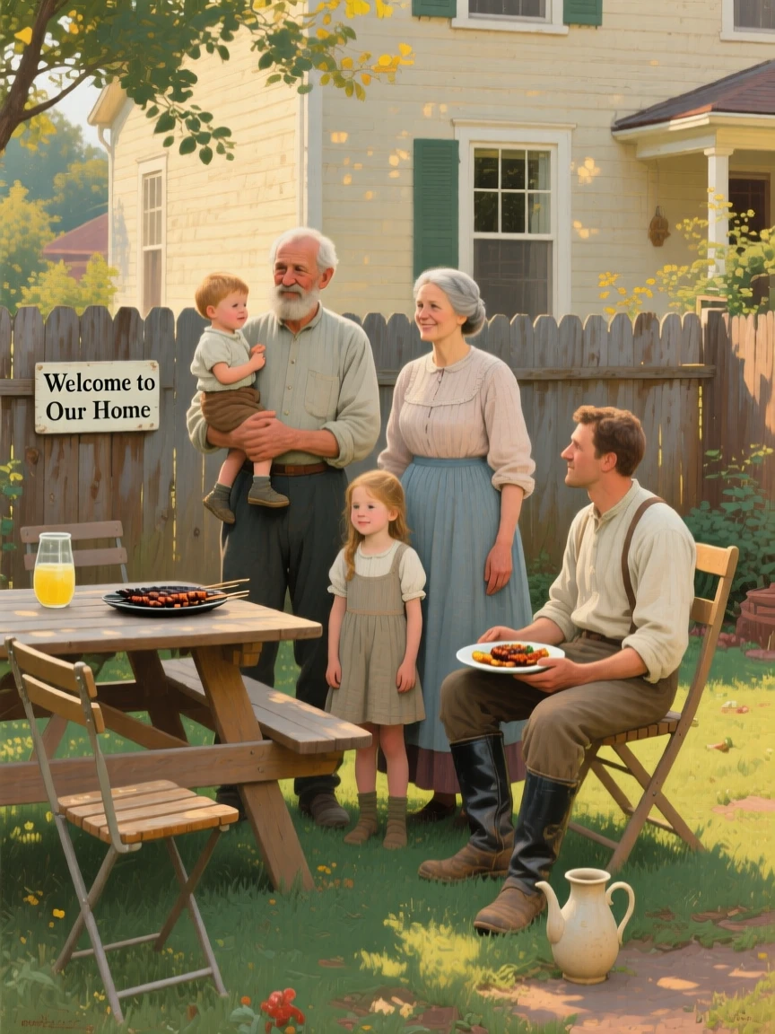 A multigenerational family posing for a photo at a backyard barbecue, with warm afternoon light streaming through nearby windows, capturing an everyday moment that feels timeless and precious