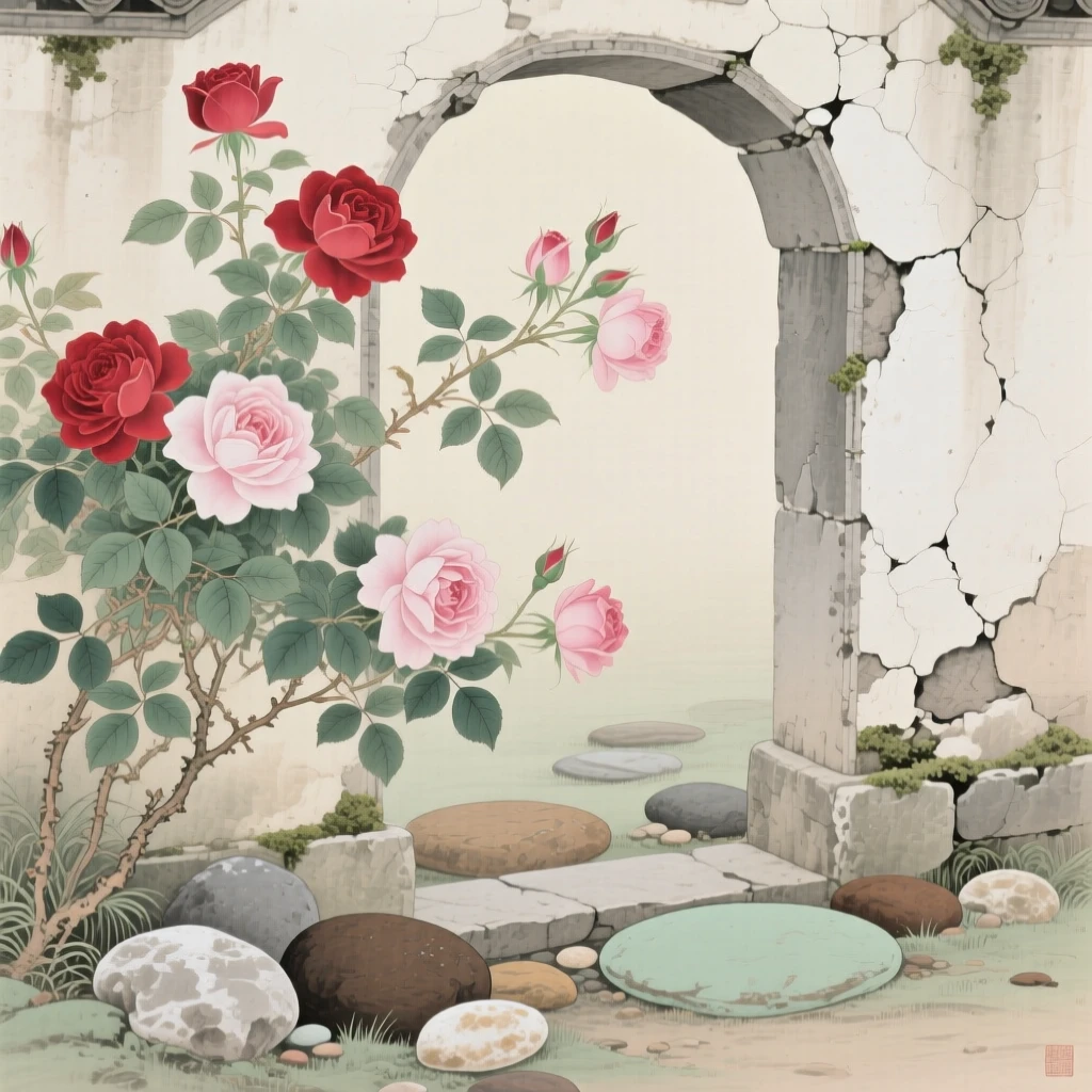 Roses climbing an old stone archway scattered across smooth garden stones