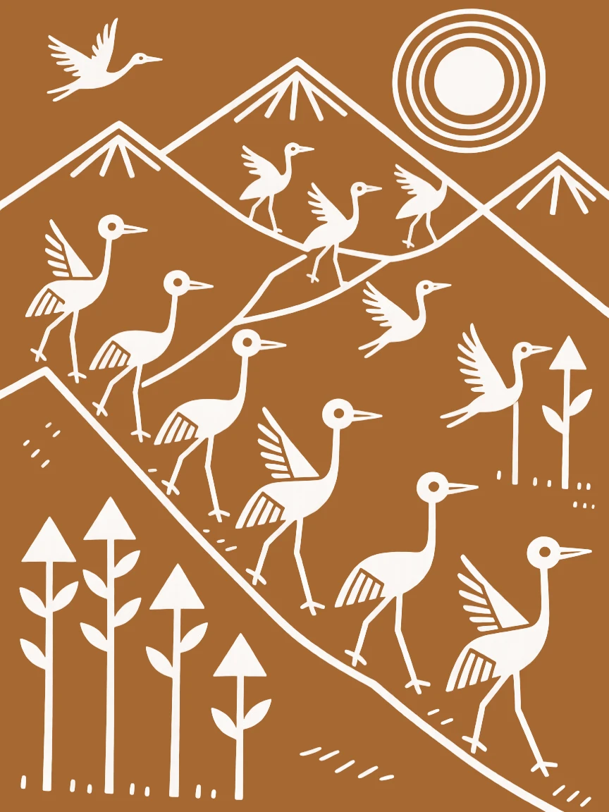 A flock of migrating cranes walking along a mountain trail.