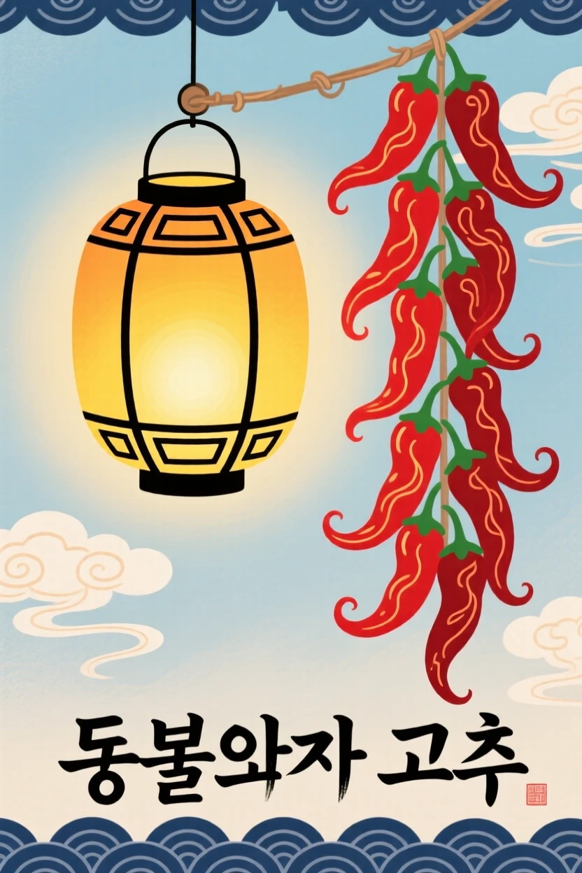 A single lit lantern hanging beside a string of dried red peppers.