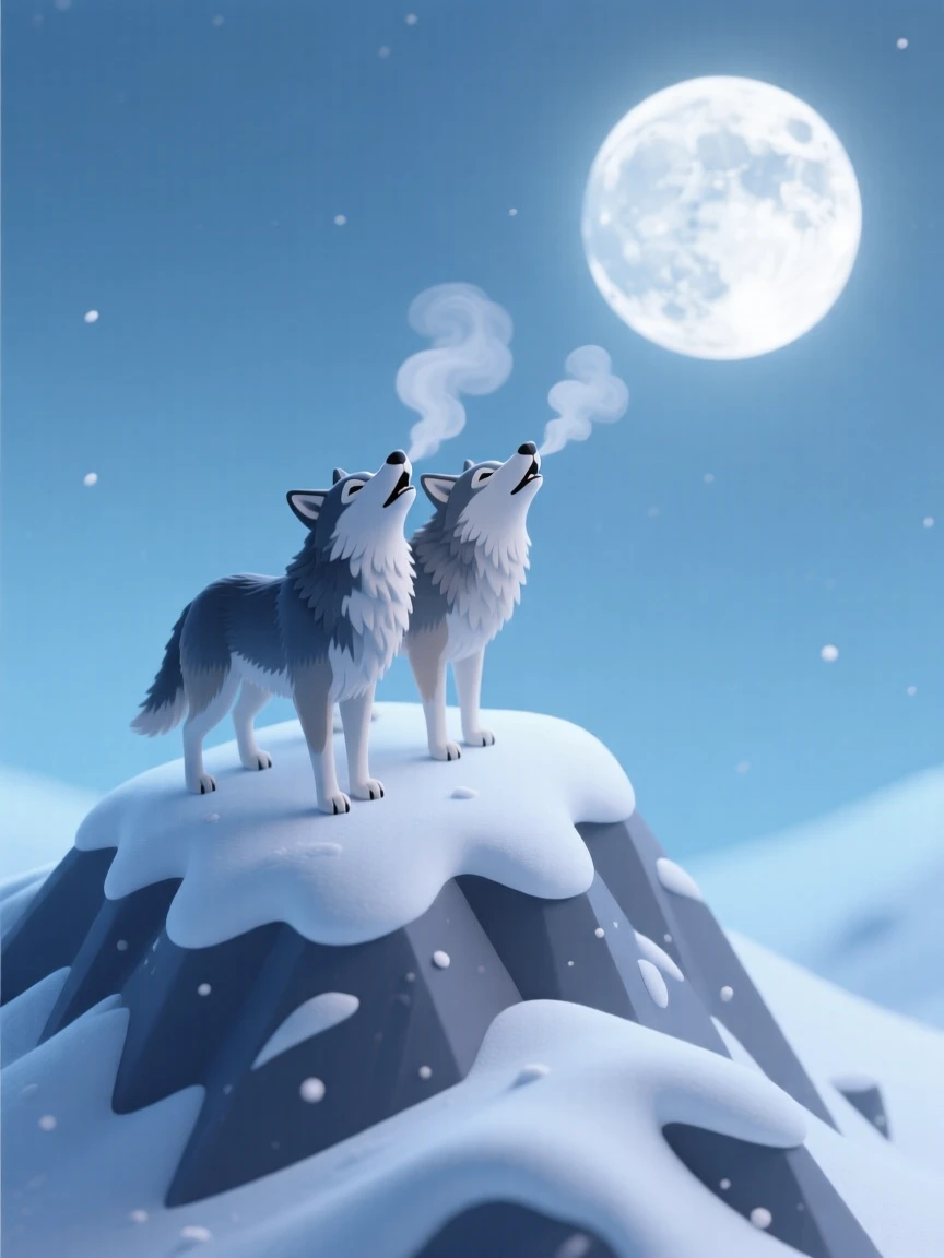 A pair of wolves howling together atop a snowy ridge under a full moon, their breath visible in the cold air.