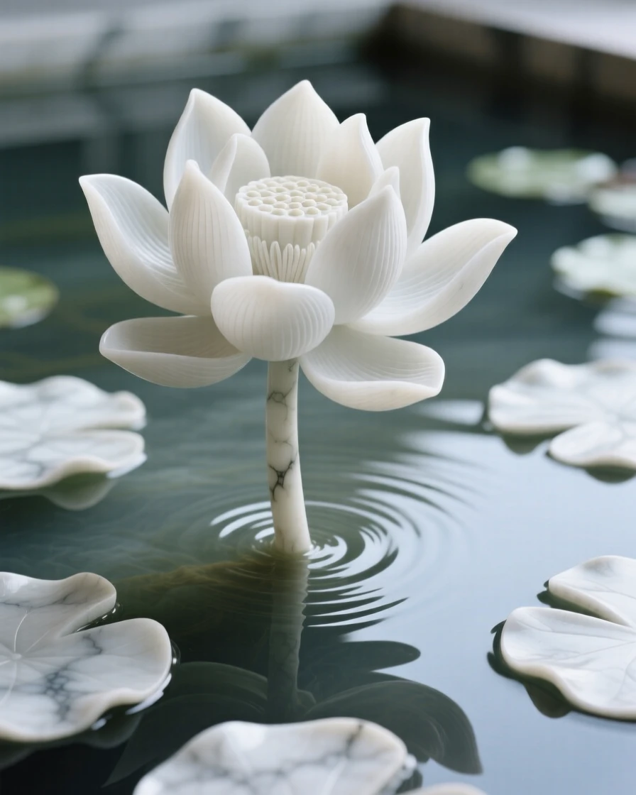 A sweeping, cinematic composition of a single blooming lotus in a still pond, capturing the raw beauty of the natural world