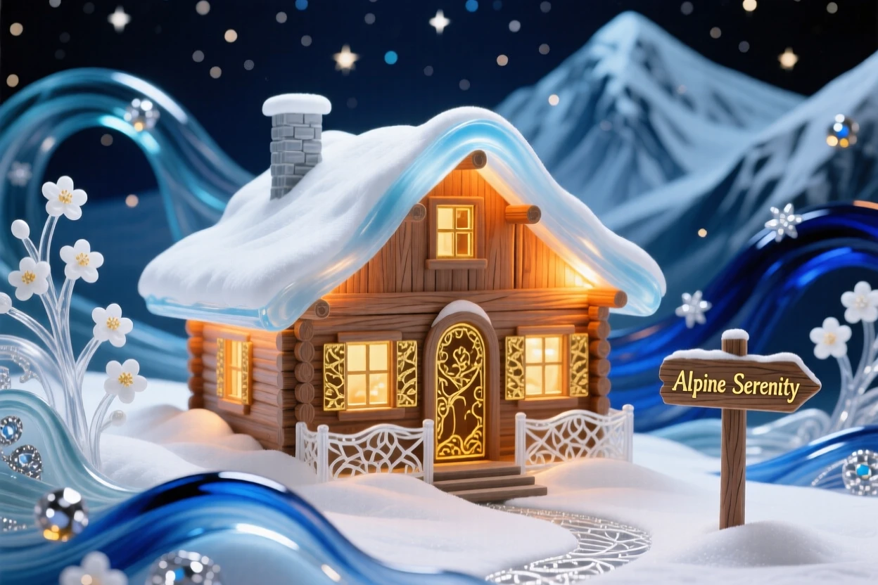 A snow-covered alpine chalet glowing warmly against a starry night sky, cozy and picturesque.