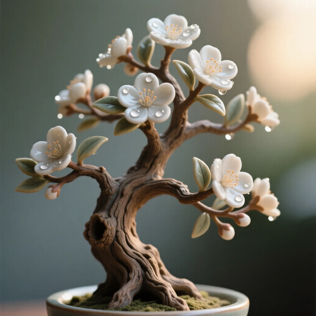 A bonsai tree shaped by patient hands unfurling slowly toward the morning light, with dew glistening on each petal, capturing a fleeting, delicate moment in bloom.