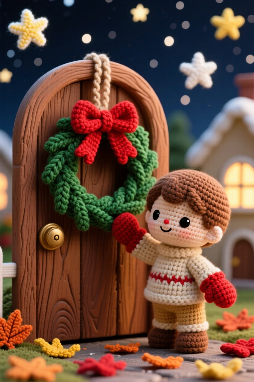 a small child holding a wreath, with a bright red bow, hanging a wreath on a wooden door, set in a starry night sky above a quiet neighborhood, with a scattering of fallen leaves or petals, full of festive excitement and shared celebration.