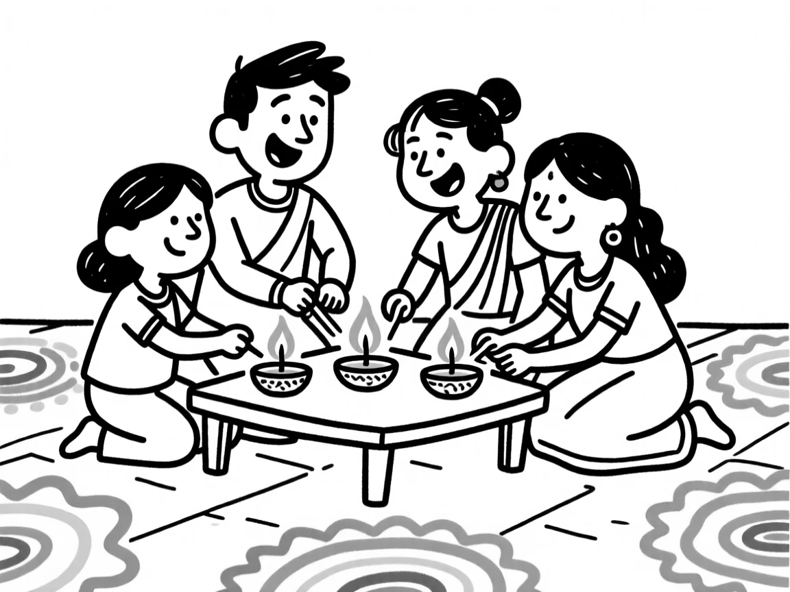 A Diwali celebration with a family lighting oil lamps and colorful rangoli patterns.