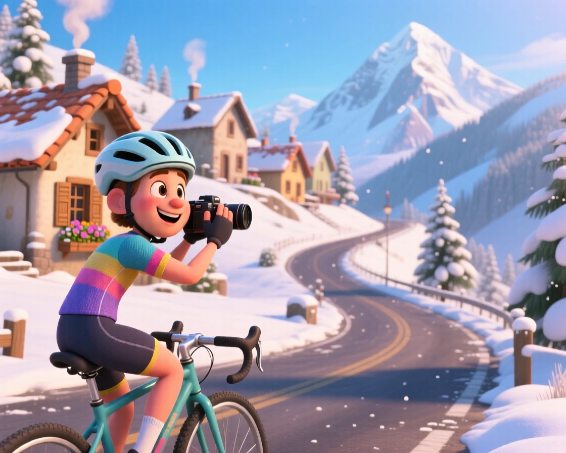 A cyclist pausing on a scenic road stands at a mountain village dusted with fresh snow, snapping a photo of the breathtaking landscape. A sense of wonder and freedom fills the moment, with terracotta rooftops stretching into the distance.