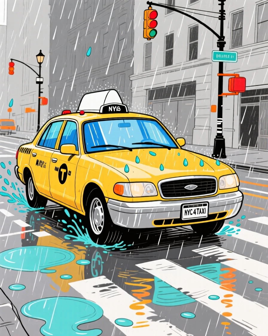 A classic yellow taxi driving through a rainy city street.