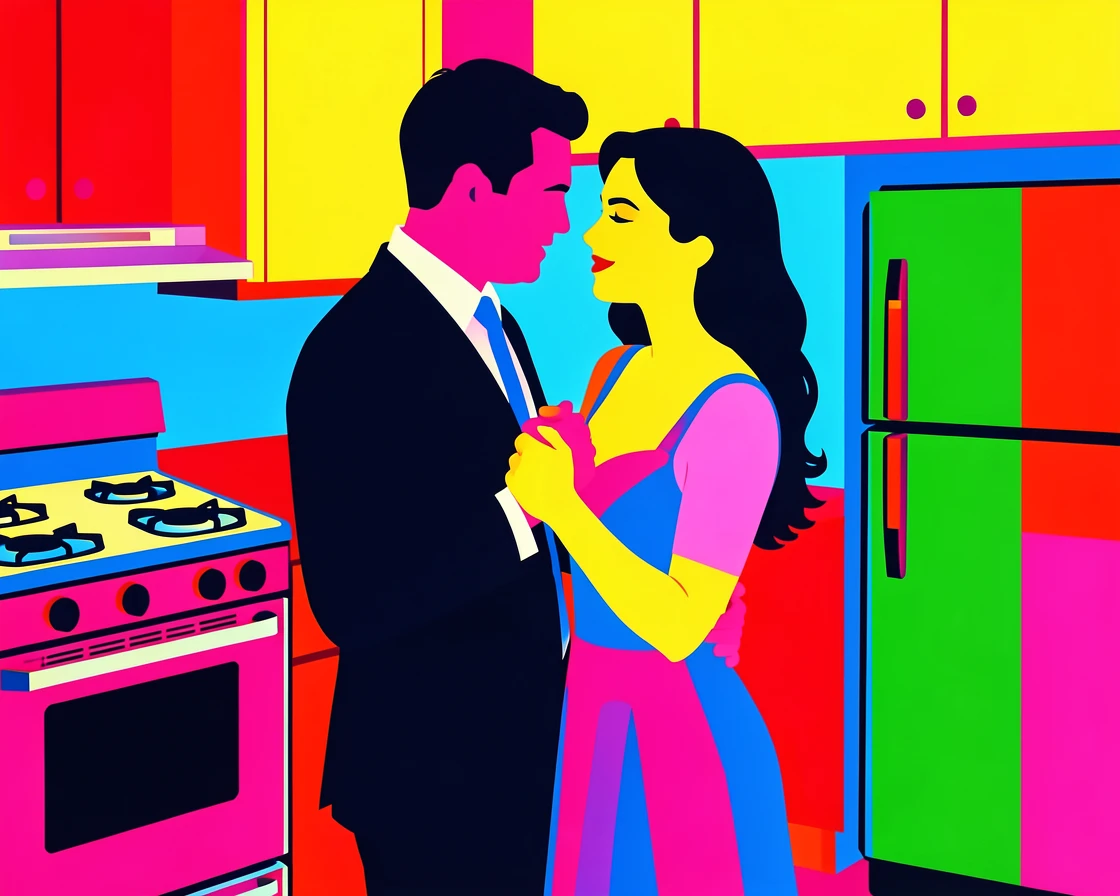 Couple slow dancing in a kitchen