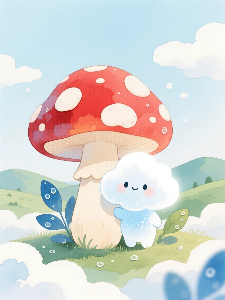 A tiny cloud spirit peeks out from behind a giant mushroom in a cloud kingdom above the hills, while dew glistens on every leaf