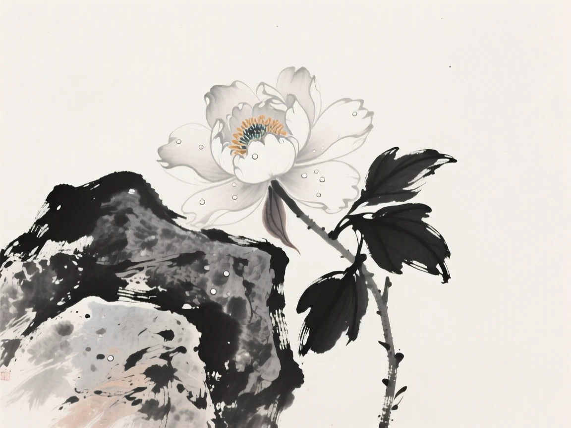 A single peony bloom rests beside a weathered garden rock, as morning light catches the dew on each petal.