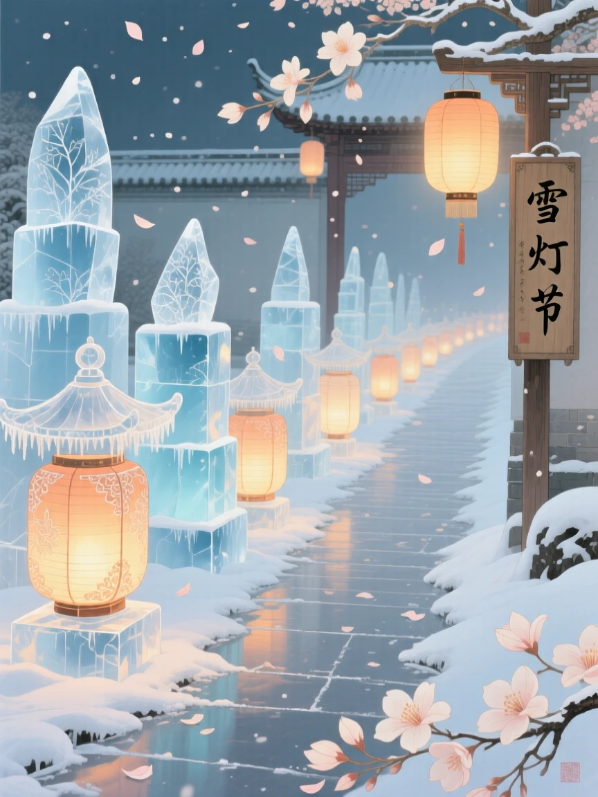 A snow lantern festival with glowing ice sculptures lining a frozen path, surrounded by falling flower petals
