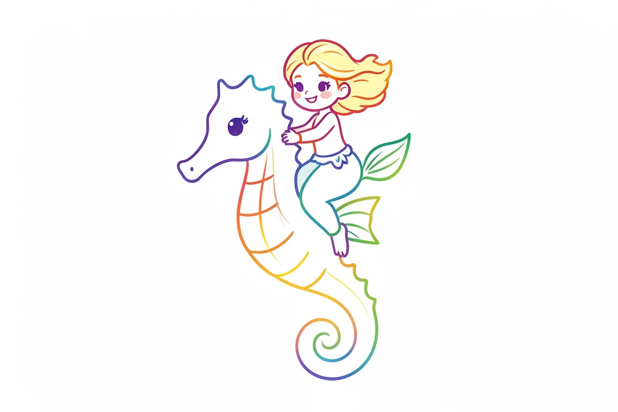 A tiny mermaid character riding on the back of a friendly seahorse.