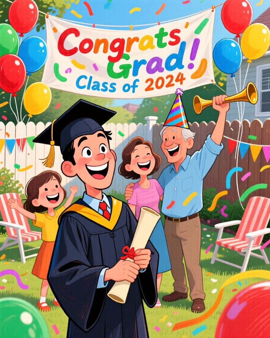 A family celebrating a graduation with a backyard party full of balloons and banners.