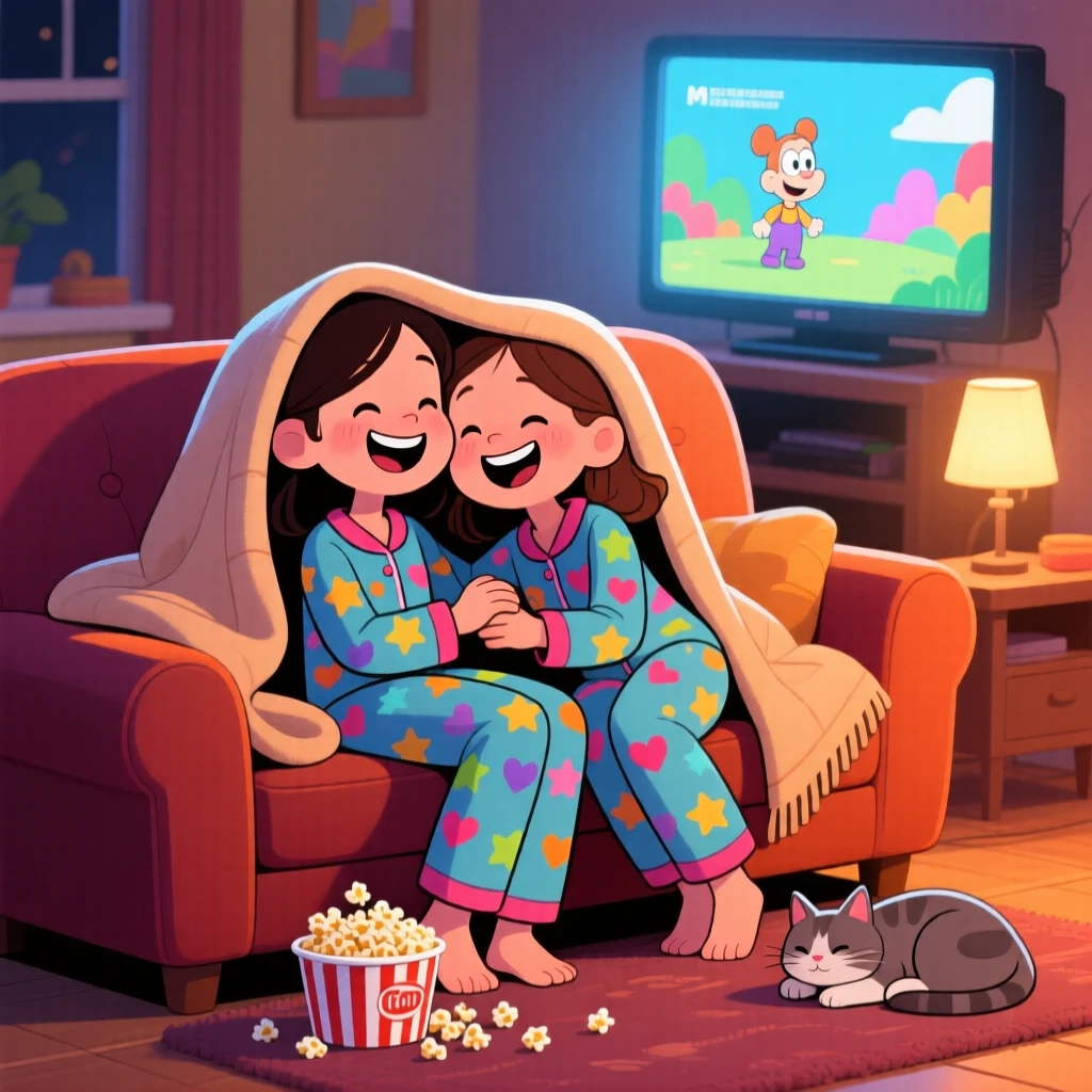 A heartwarming scene of twin sisters piled onto one couch watching a movie under a shared blanket, with warm smiles and matching pajamas.