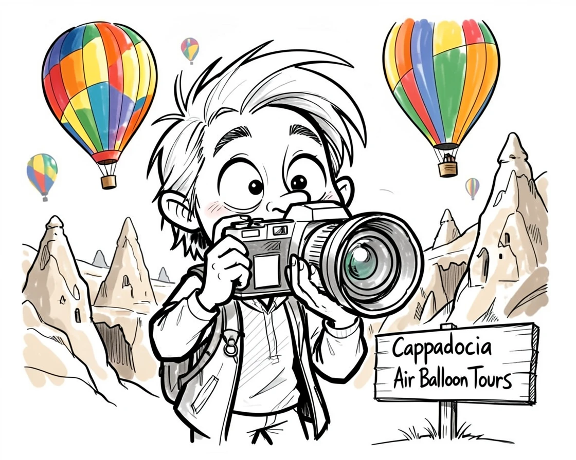 [Travel & Cultural Experiences] Vivid travel scene of a tourist snapping photos of colorful hot air balloons over Cappadocia, full of wonder and adventure