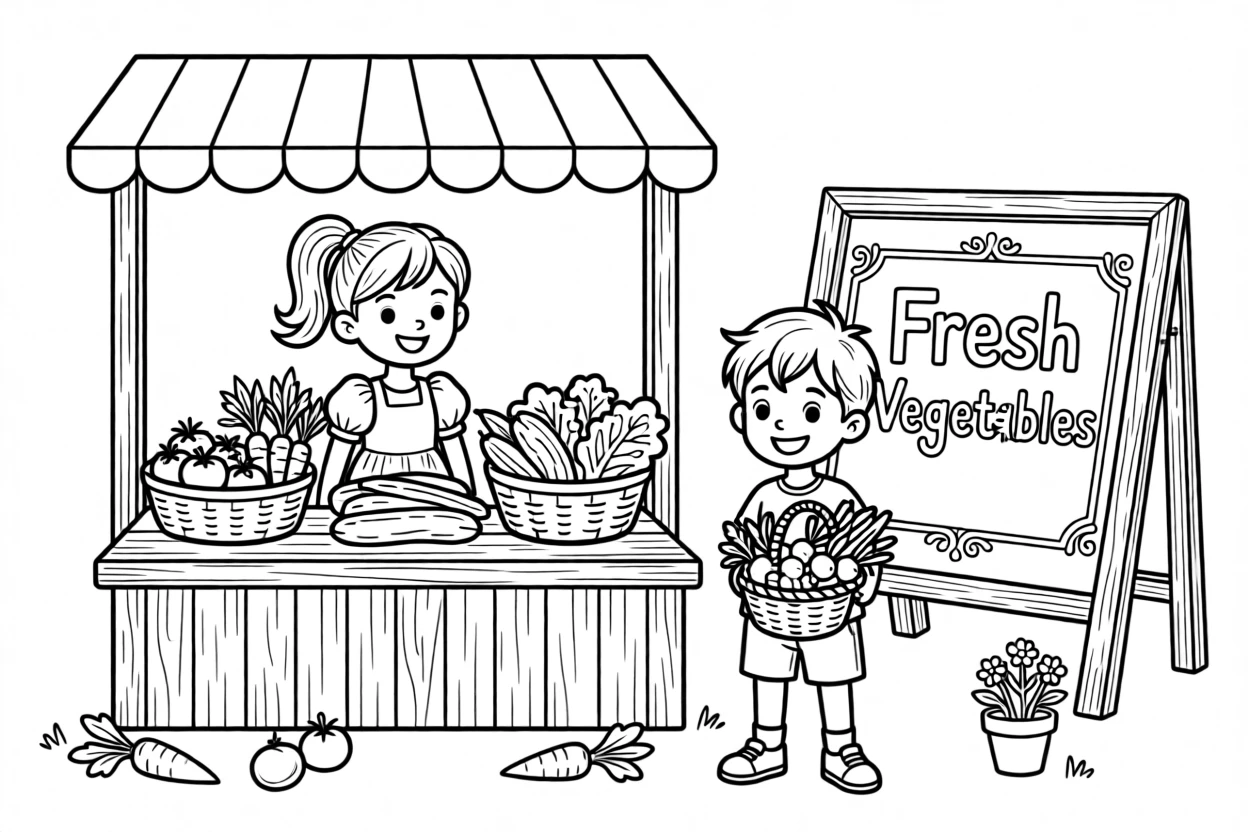 A spring farmers market with baskets of fresh vegetables